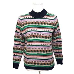 J Crew Mock Neck Fair Isle Green Pink Navy Blue Knit Pullover Sweater Small.